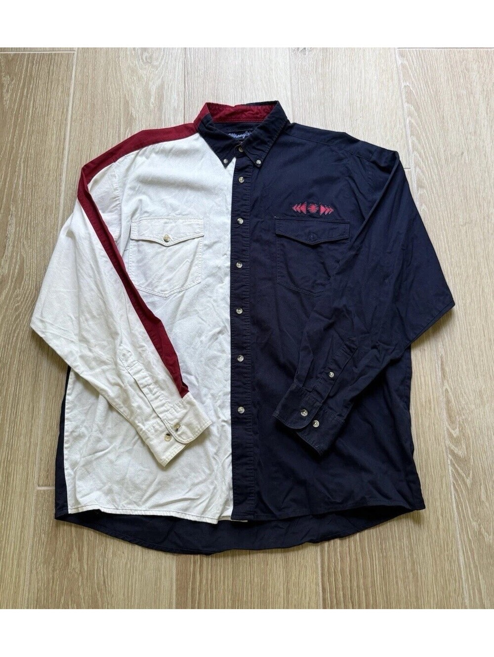 Vintage Wrangler Western Colorblock Button Down Shirt XL Cowboy Red White Blue